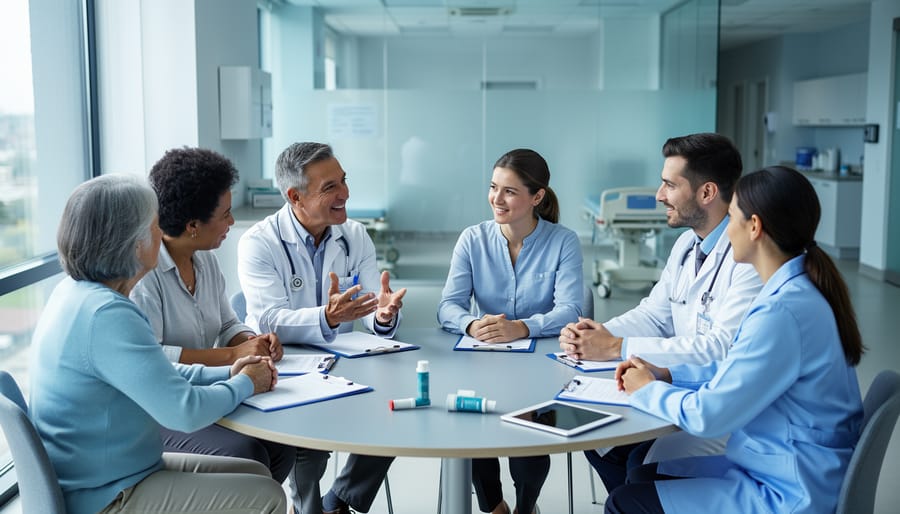 "Diverse COPD care team with patient, caregiver, and clinicians seated around a round table in a bright clinic, discussing care with an inhaler and spirometer on the table."