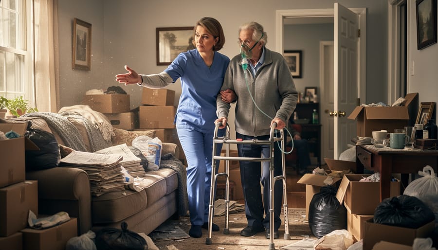 Caregiver and elderly person seated near a narrow clear path surrounded by clutter, highlighting mobility and access challenges