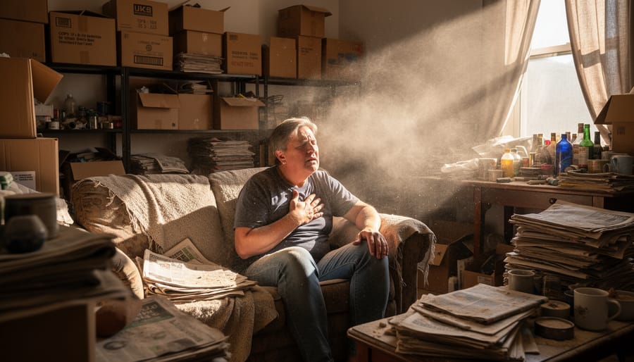 Sunlight illuminating dust and clutter in a cramped living room, with oxygen tubing partially visible on a side table