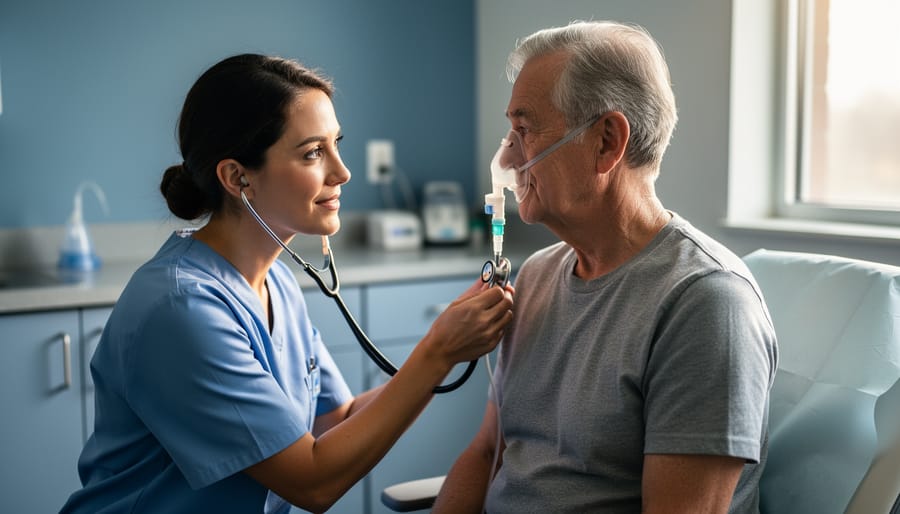 “A clinician sits with a COPD patient using a nasal cannula, showing empathetic engagement during an exam-room visit.”