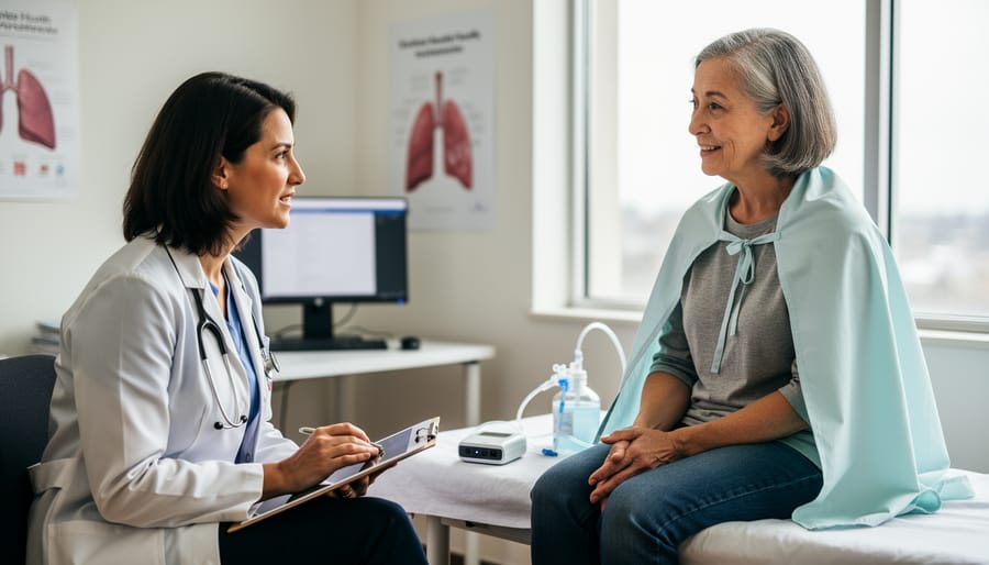 Clinician making gentle eye contact and listening attentively to a COPD patient during a calm appointment.
