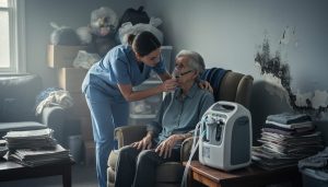 Caregiver assisting an older person with COPD seated beside oxygen equipment in a cluttered, dust- and mold-affected room.
