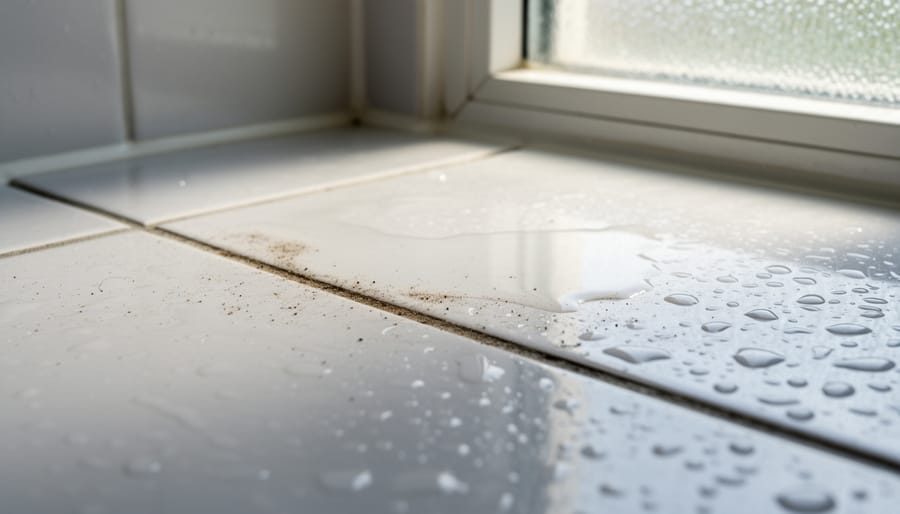 Close-up of neglected kitchen sink and damp grime in a cluttered home environment