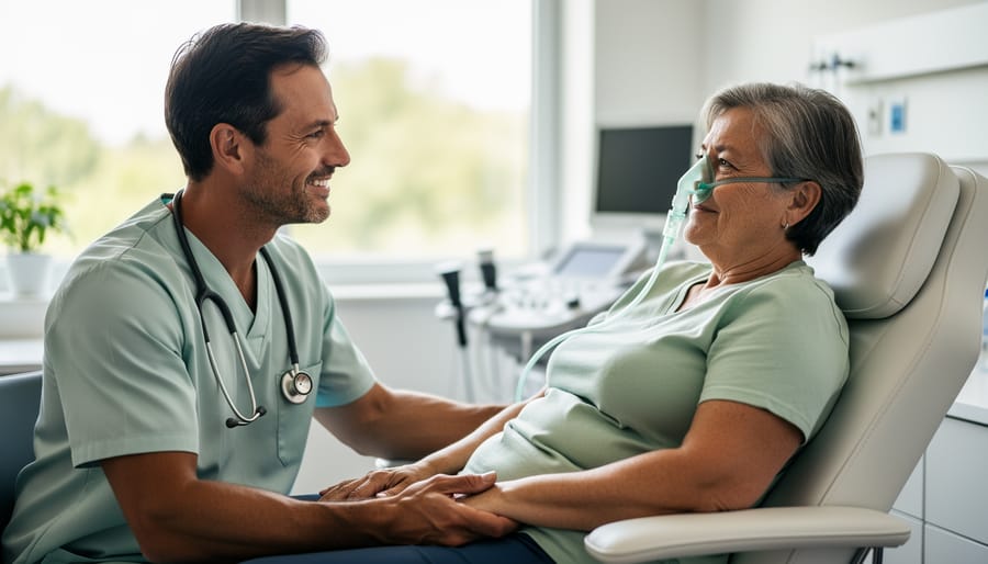 Caregiver’s hand resting on a COPD patient’s forearm in a calm bedside setting.