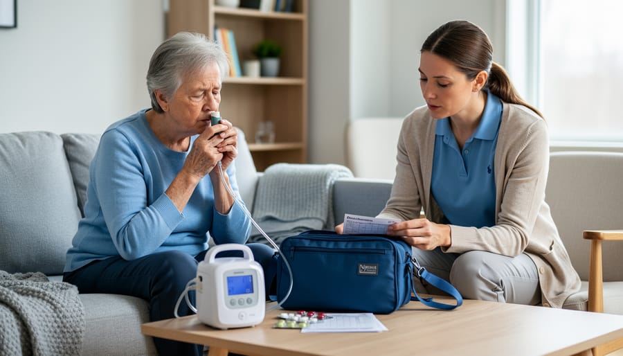 COPD patient at home with oxygen equipment and inhaler, assisted by a transitions coach in a supportive discharge-preparation scene.