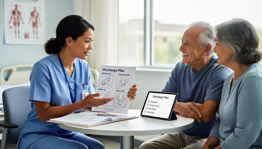 Healthcare transition coach speaking with a COPD patient in a clinic while reviewing a folder with no readable text