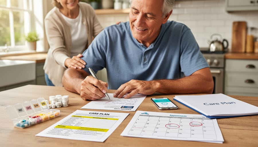 Older adult at home holding an inhaler and medication information to support COPD self-management