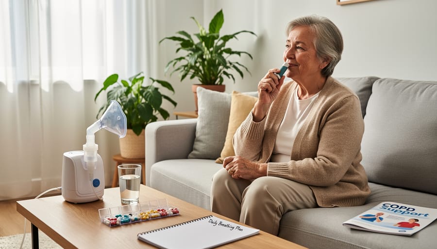 Person with COPD seated indoors near a window holding a handheld inhaler