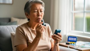 Person with COPD seated indoors near a window holding a handheld inhaler, representing respiratory self-management at home.