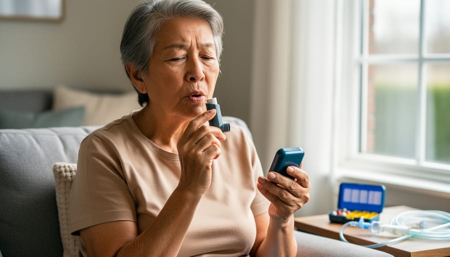 Person with COPD seated indoors near a window holding a handheld inhaler, representing respiratory self-management at home.