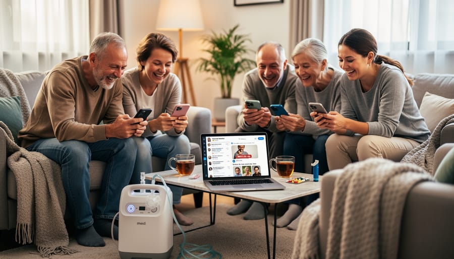 People at a warm-lit café using phones while a nebulizer kit is stored beside a chair, symbolizing community and coping for chronic pain.
