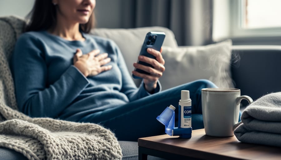 Adult sitting at home holding a smartphone near COPD inhaler supplies on a side table, suggesting comfort and relief while managing breathing-related care.