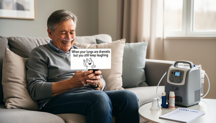 Person sitting at home holding a smartphone while COPD inhaler supplies rest on a nearby table, suggesting comfort through humor.