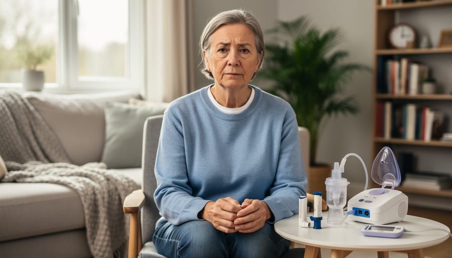 Person holding a handheld inhaler and spacer device in a home setting.