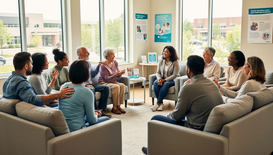 Group of people seated together in a community room during a discussion about COPD patient experiences.