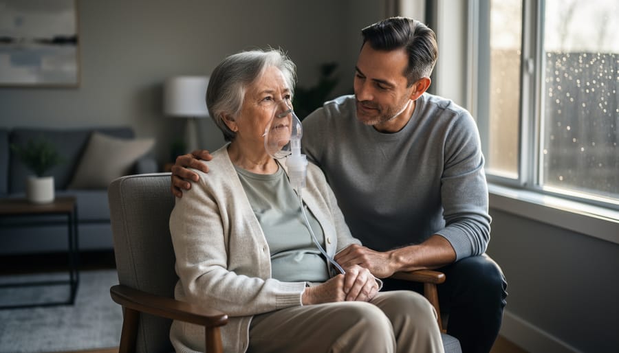COPD patient sitting near a window with a nebulizer mask on their lap while a caregiver provides supportive touch in a cozy home setting.