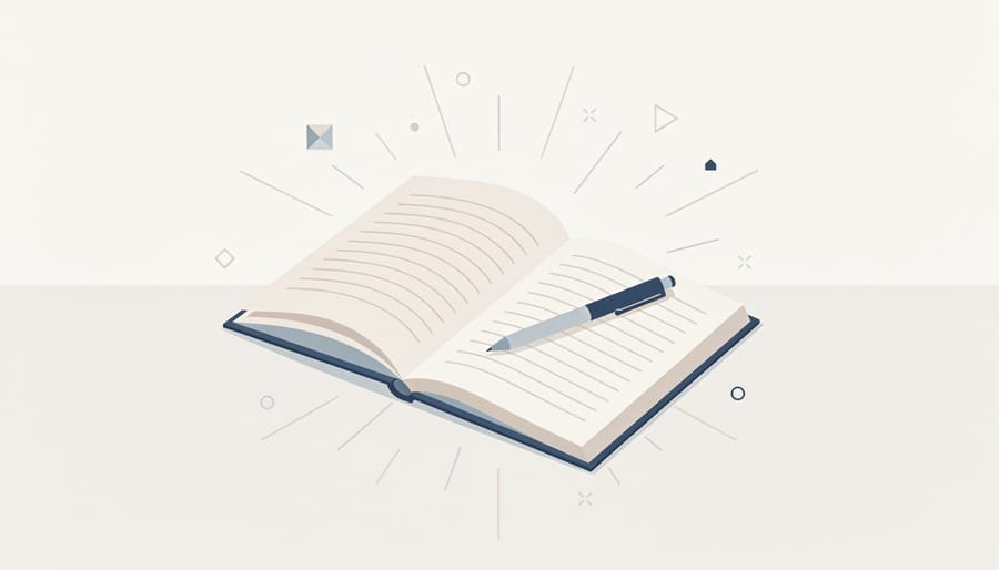 Open notebook with a pen and reading glasses on a kitchen table.
