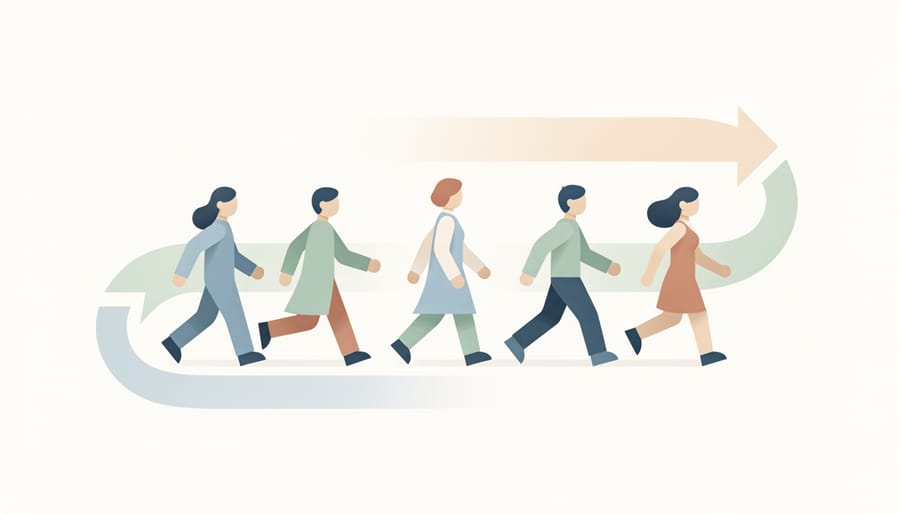 A healthcare team walks together down a hallway toward a bright doorway