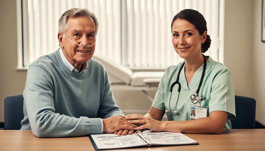 Patient and healthcare provider seated together in a clinic, reviewing a care plan and sharing eye contact to represent patient-centered COPD care.