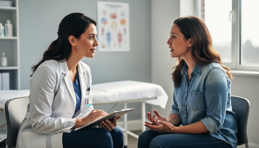 An older adult with COPD sits with a clinician in a calm exam room while discussing care