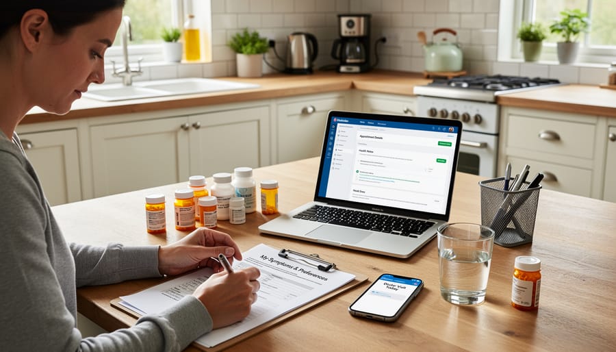 Person with COPD writing in a notebook at a kitchen table with an inhaler and smartphone nearby